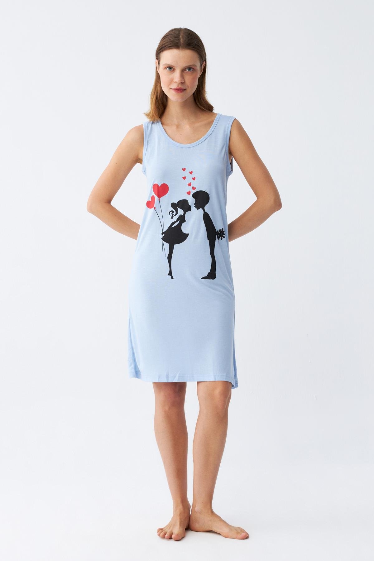 Akbeniz Kadın Kalın Askılı Penye Diz Üstü Mavi Gecelik 11310