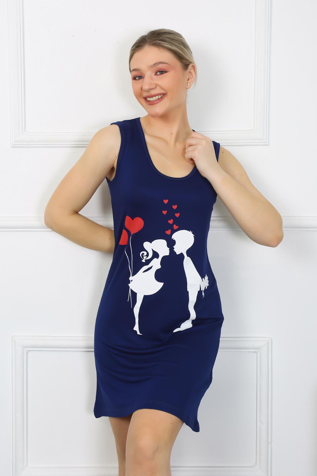 Akbeniz Kadın Kalın Askılı Penye Diz Üstü Lacivert Gecelik 11310