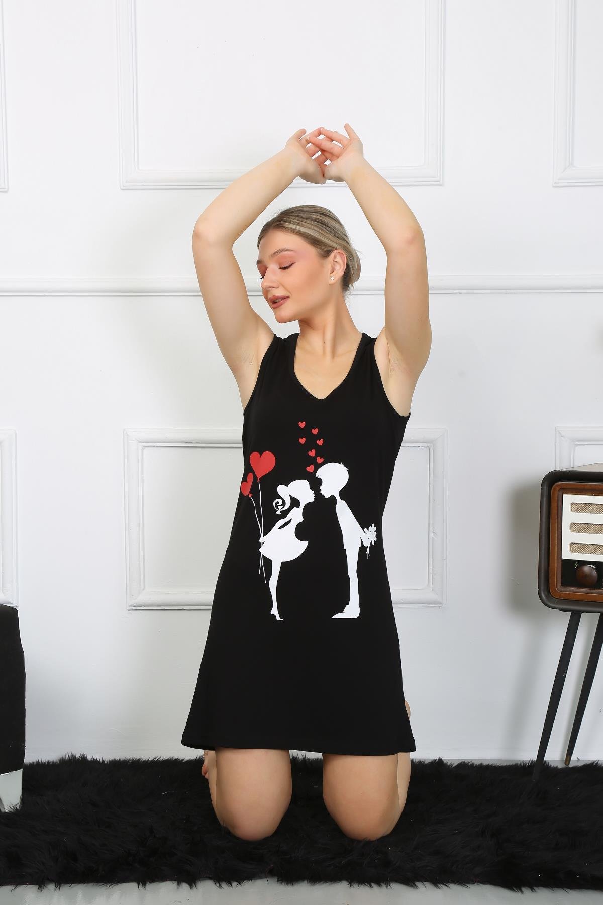 Akbeniz Kadın Kalın Askılı Penye Diz Üstü Siyah Gecelik 11310