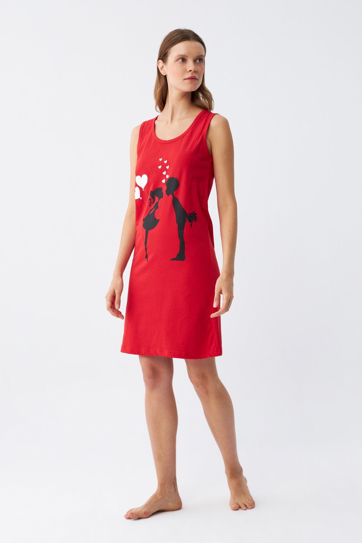 Akbeniz Kadın Kalın Askılı Penye Diz Üstü Kırmızı Gecelik 11310