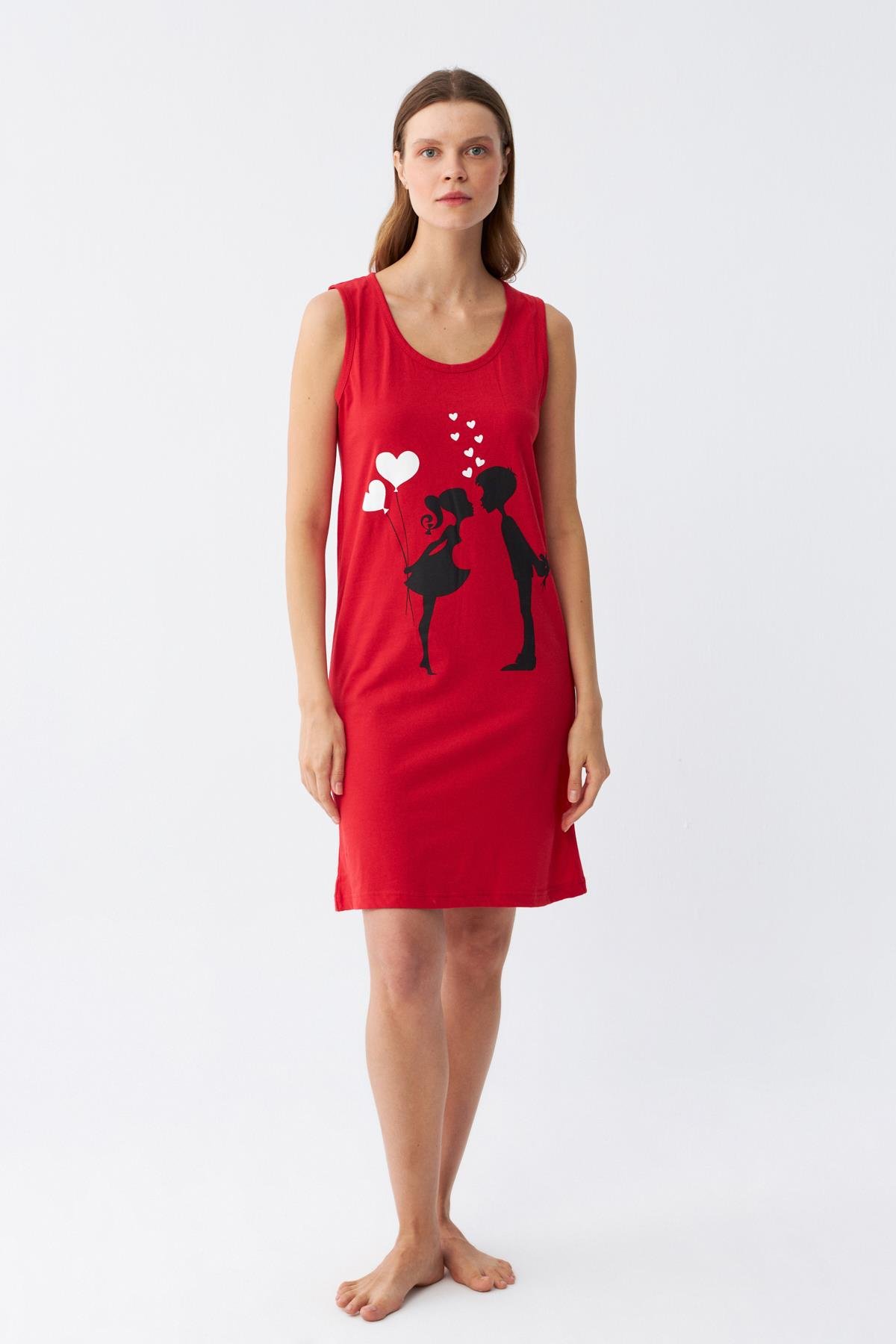 Akbeniz Kadın Kalın Askılı Penye Diz Üstü Kırmızı Gecelik 11310