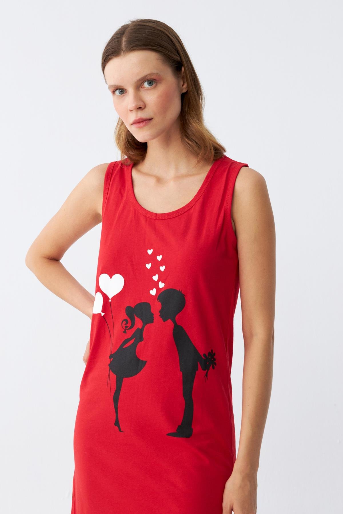 Akbeniz Kadın Kalın Askılı Penye Diz Üstü Kırmızı Gecelik 11310