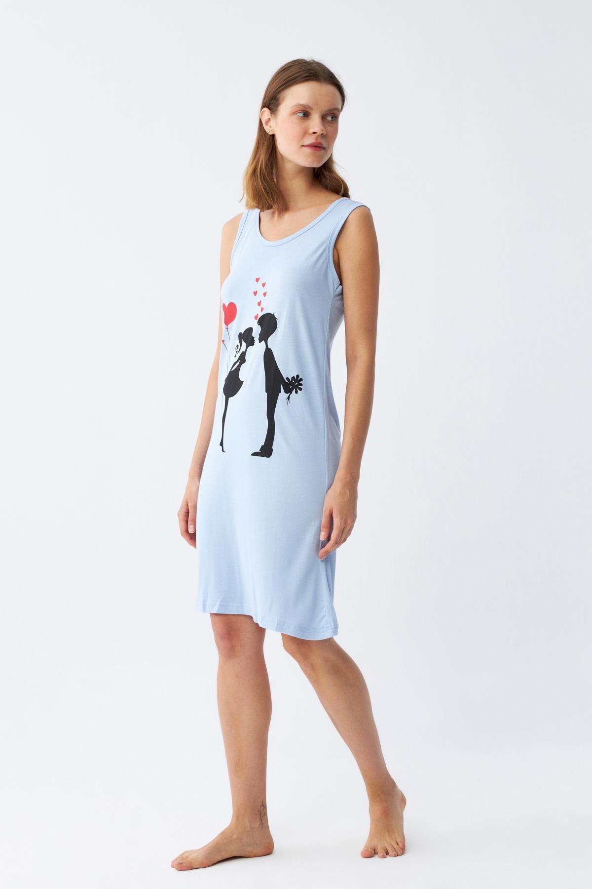 Akbeniz Kadın Kalın Askılı Penye Diz Üstü Mavi Gecelik 11310