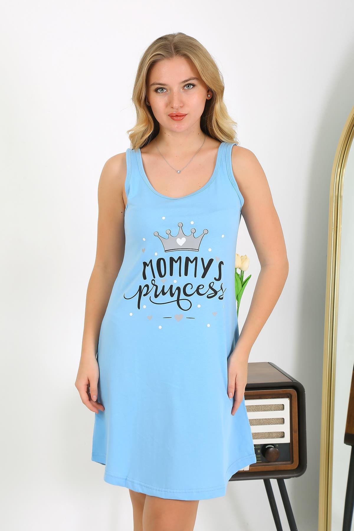 Akbeniz Kadın Kalın Askılı Penye Gecelik Mavi 1777