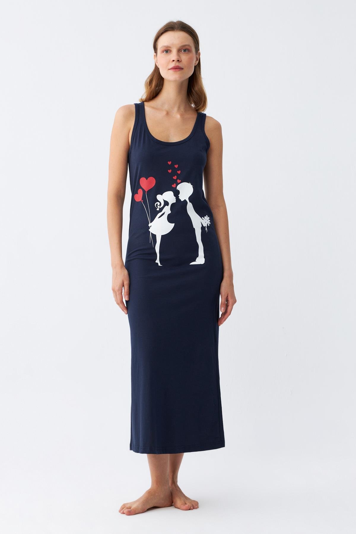 Akbeniz Kadın Kalın Askılı Penye Uzun Lacivert Gecelik 12001