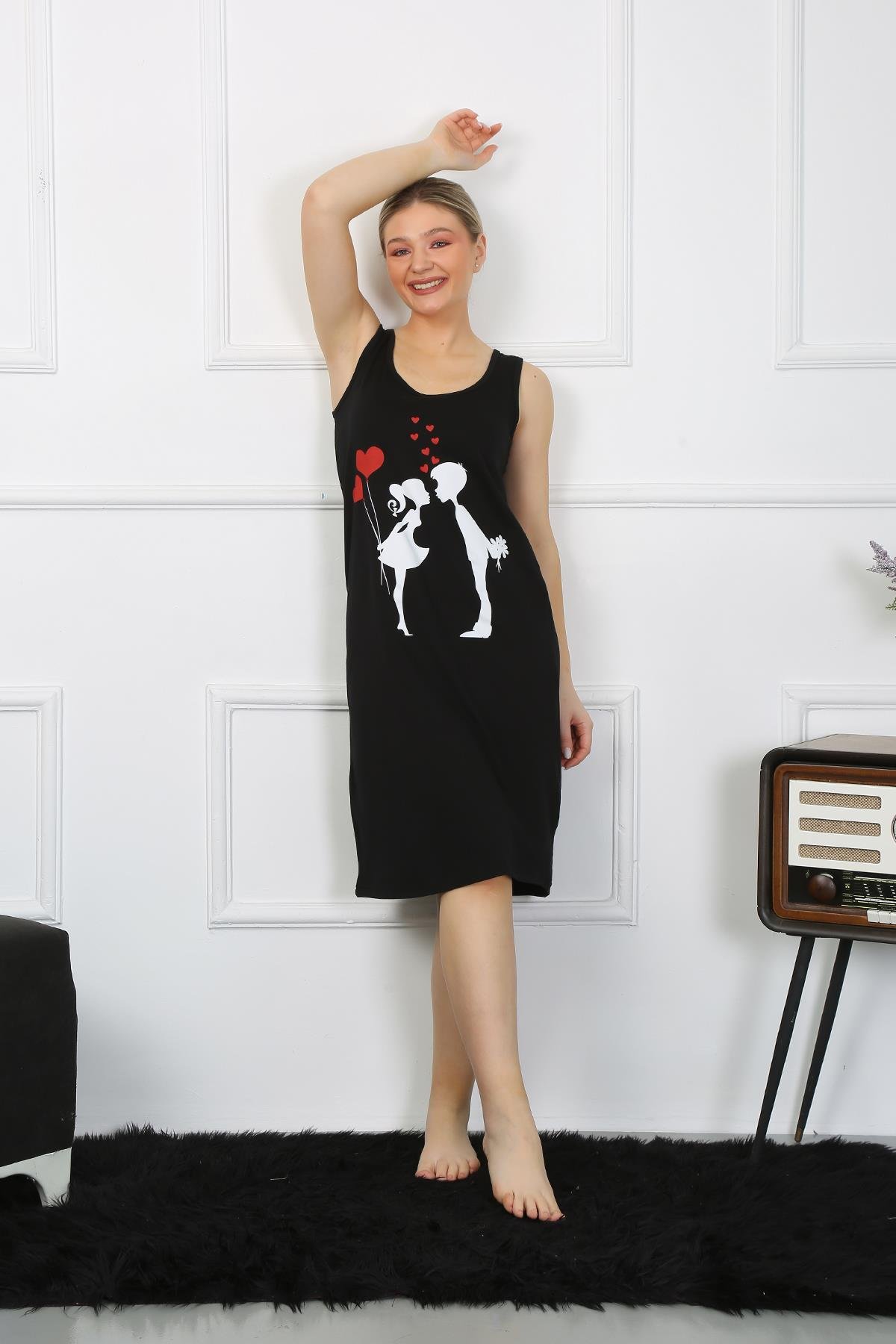 Akbeniz Kadın Kalın Askılı Penye Uzun Siyah Gecelik 12001