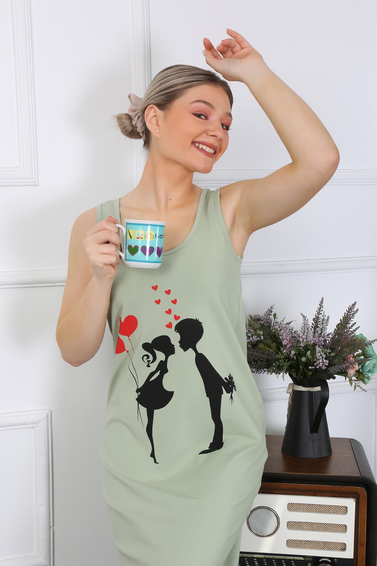 Akbeniz Kadın Kalın Askılı Penye Uzun Fıstık Yeşili Gecelik 12001