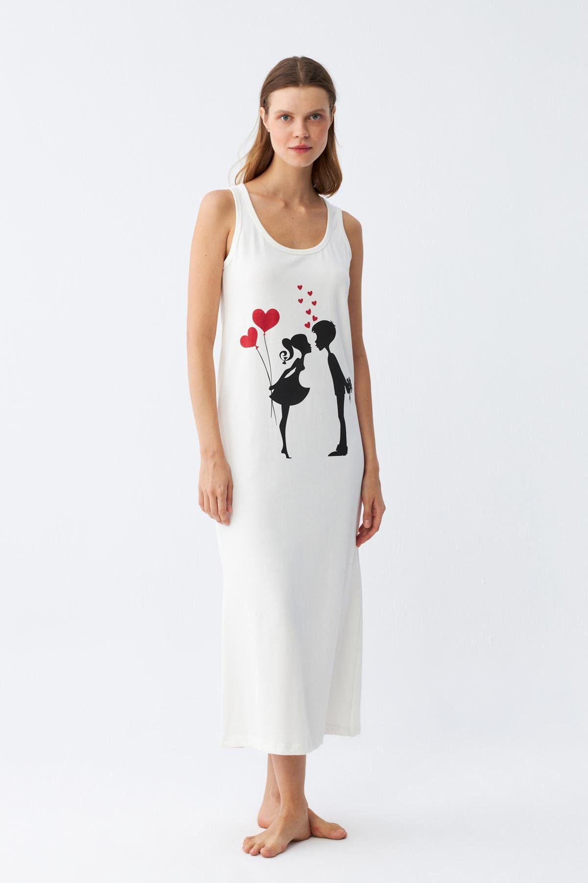 Akbeniz Kadın Kalın Askılı Penye Uzun Ekru Gecelik 12001