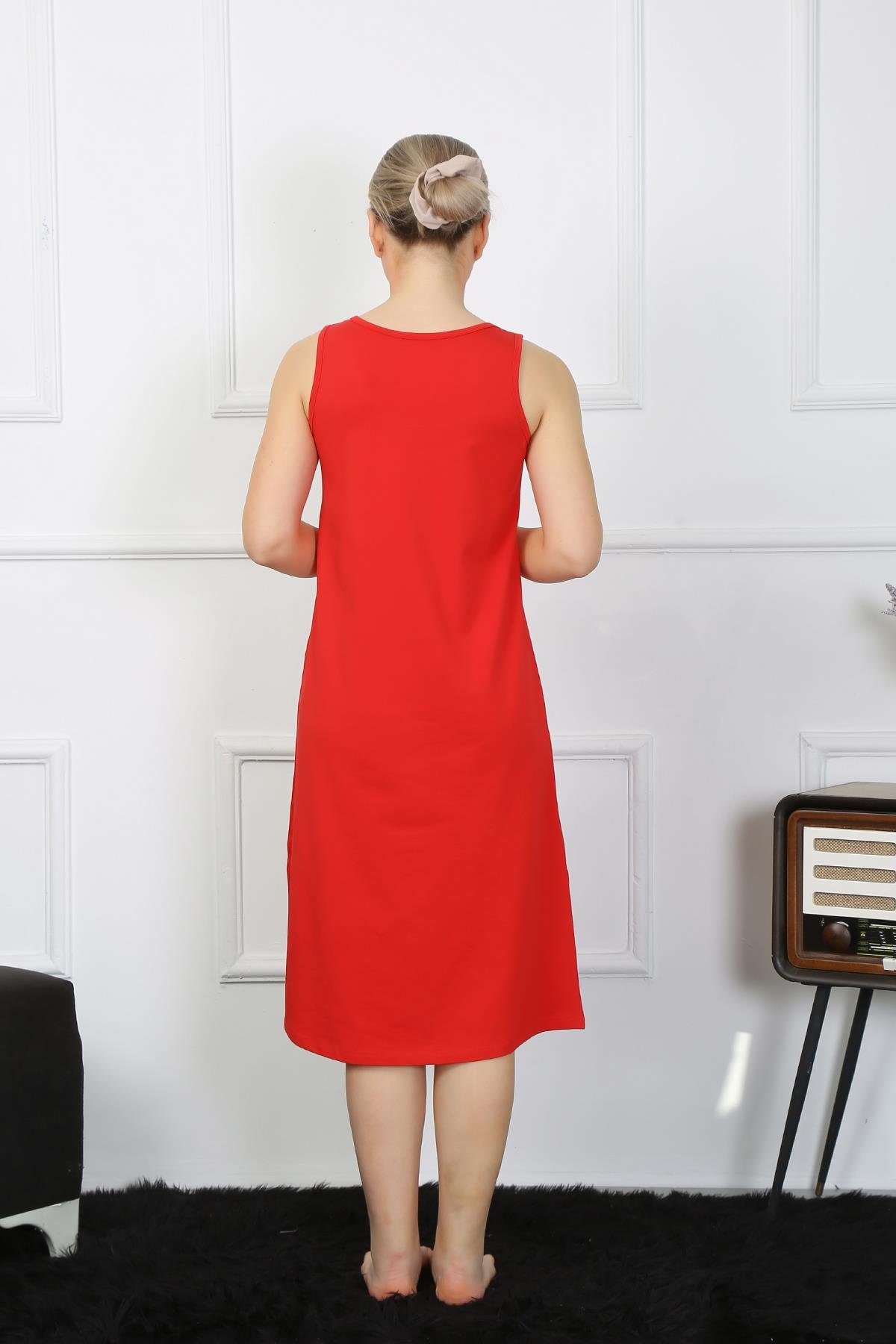 Akbeniz Kadın Kalın Askılı Penye Uzun Kırmızı Gecelik 12001