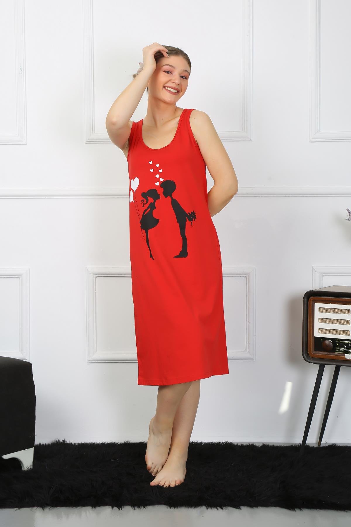 Akbeniz Kadın Kalın Askılı Penye Uzun Kırmızı Gecelik 12001