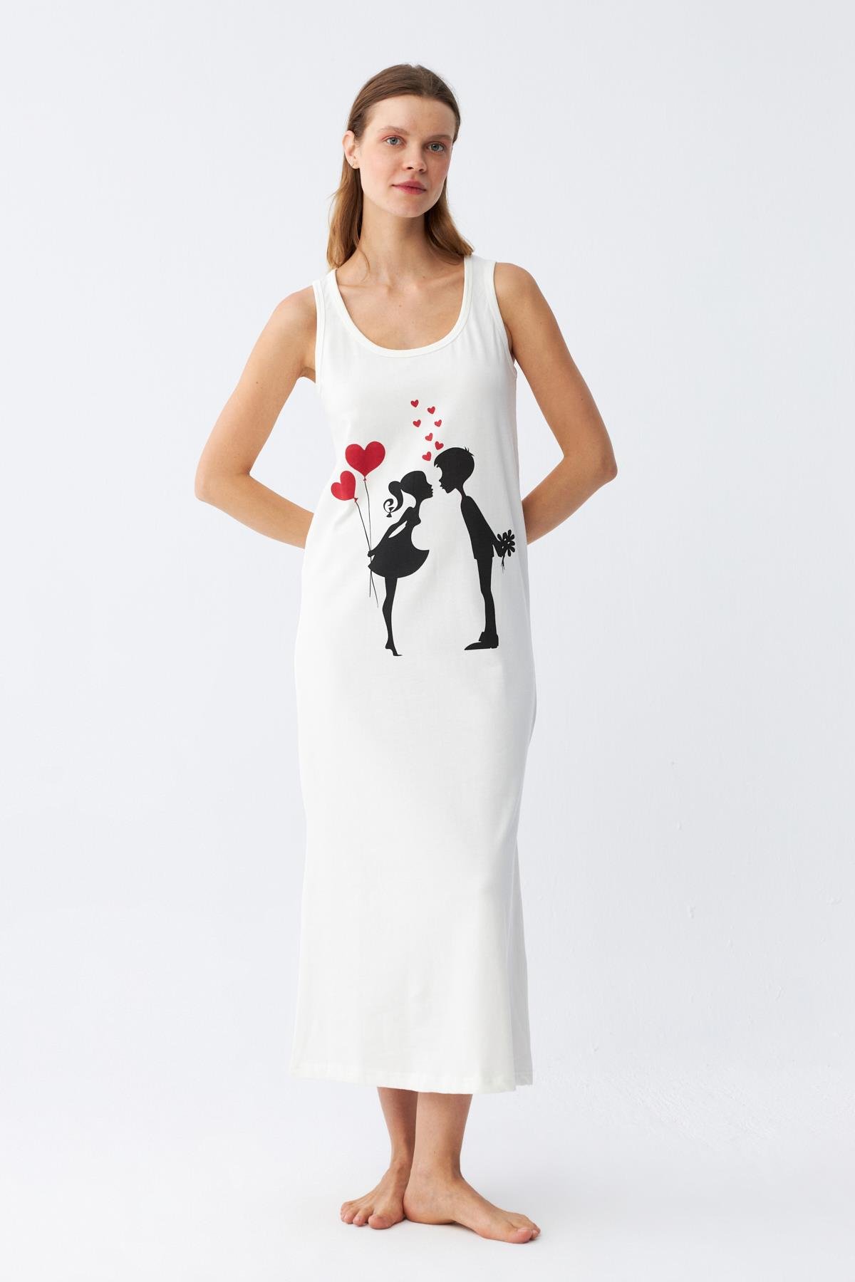 Akbeniz Kadın Kalın Askılı Penye Uzun Ekru Gecelik 12001