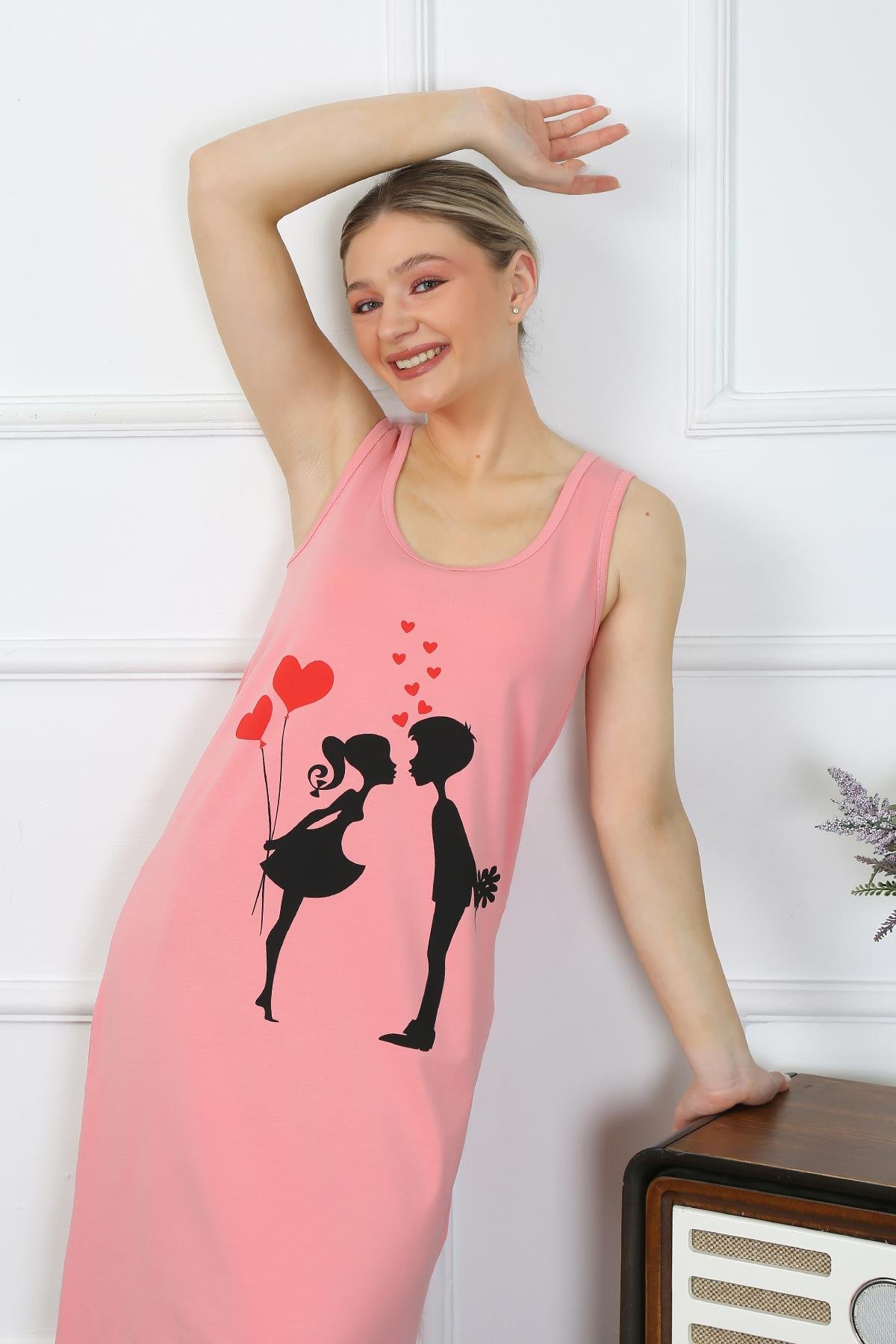 Akbeniz Kadın Kalın Askılı Penye Uzun Pembe Gecelik 12001