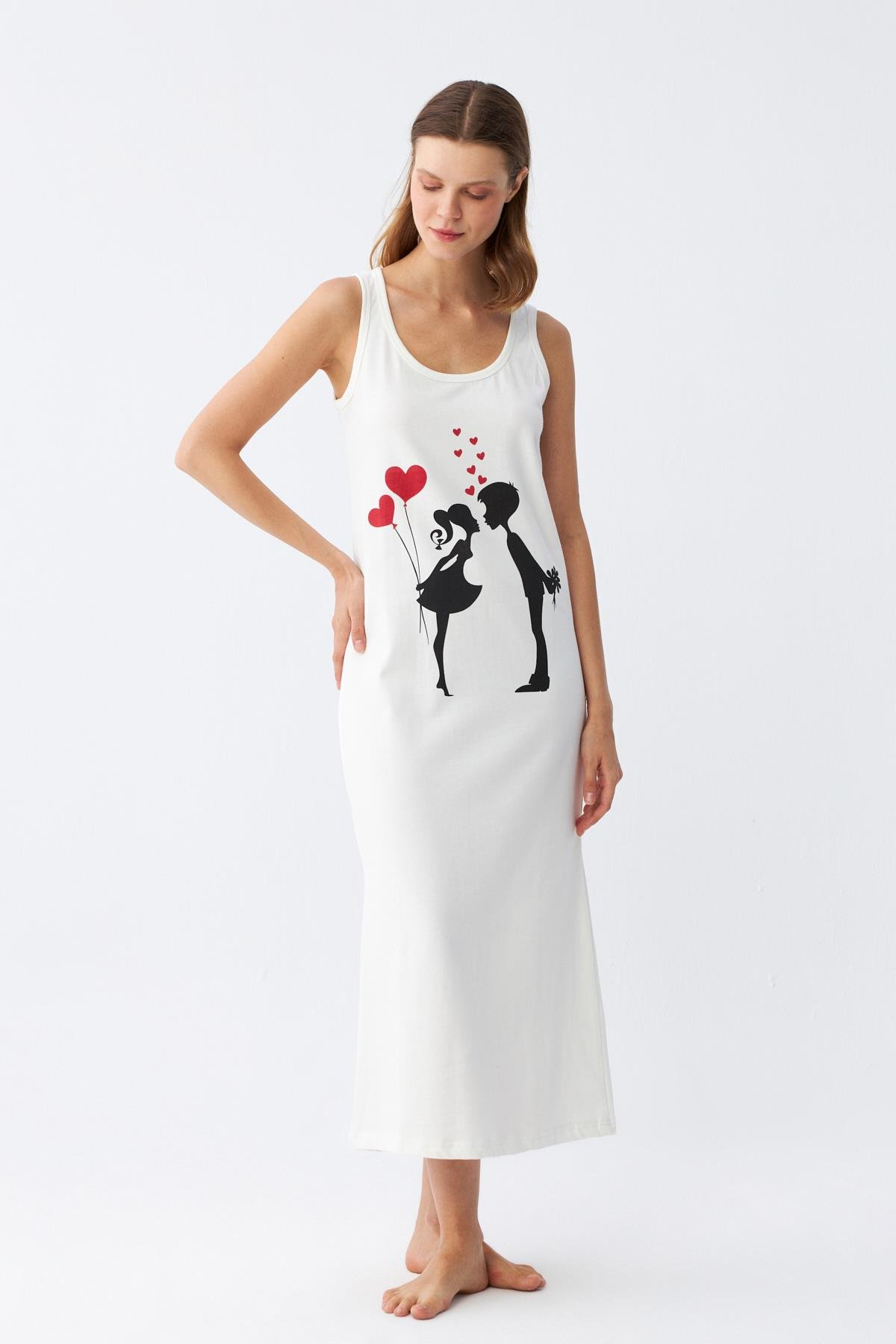 Akbeniz Kadın Kalın Askılı Penye Uzun Ekru Gecelik 12001