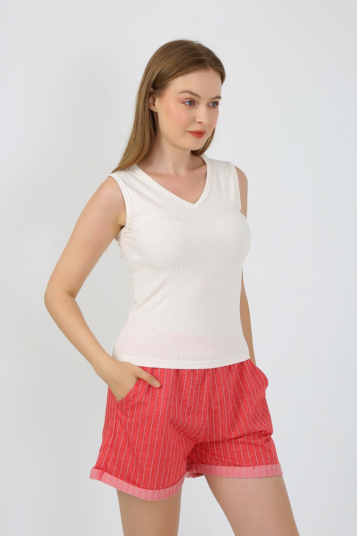 Akbeniz Kadın Kalın Askılı Şortlu Pijama Takım Ekru 3632