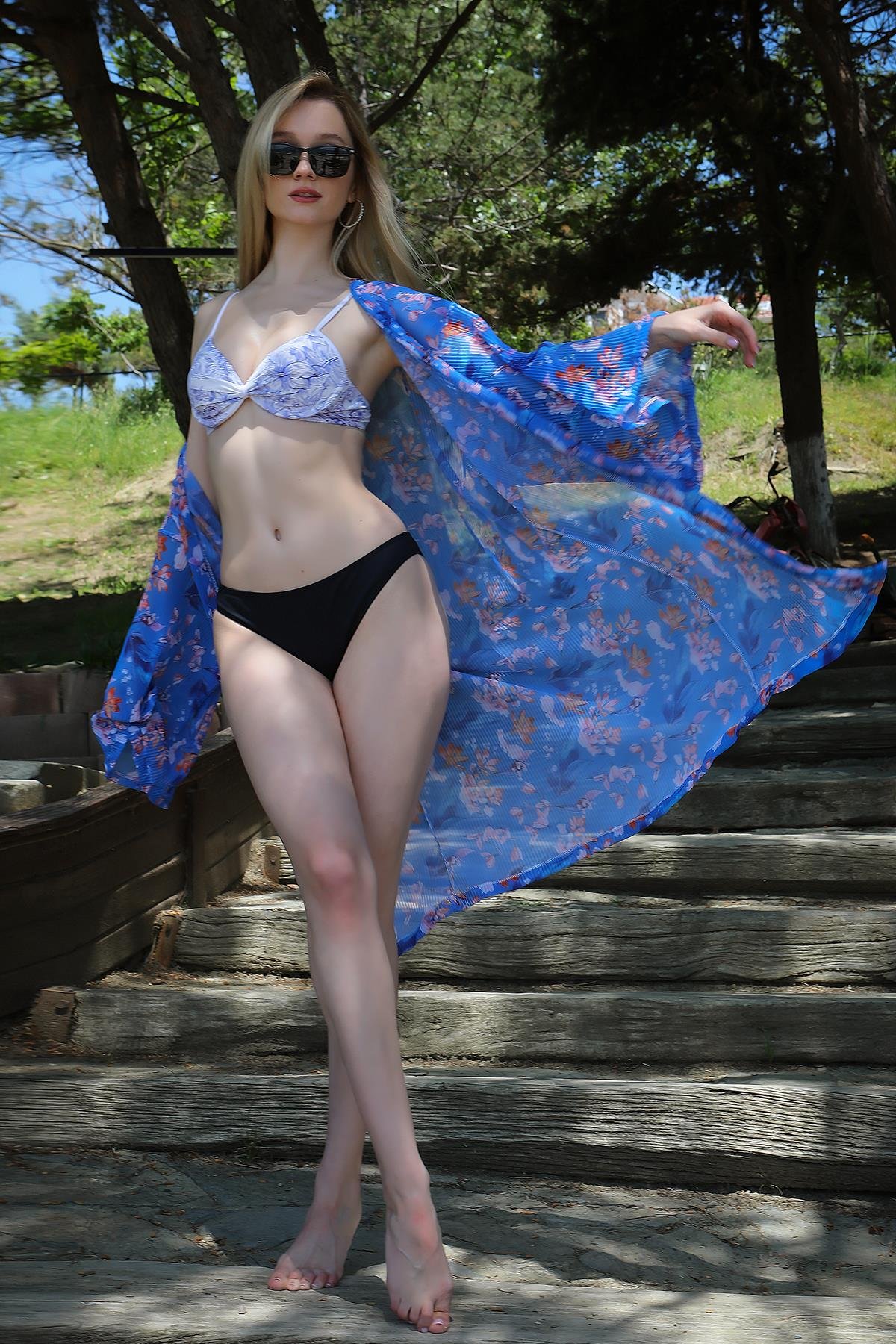 Akbeniz Kadın Kimono Pareo Plaj Elbisesi Mavi 38040