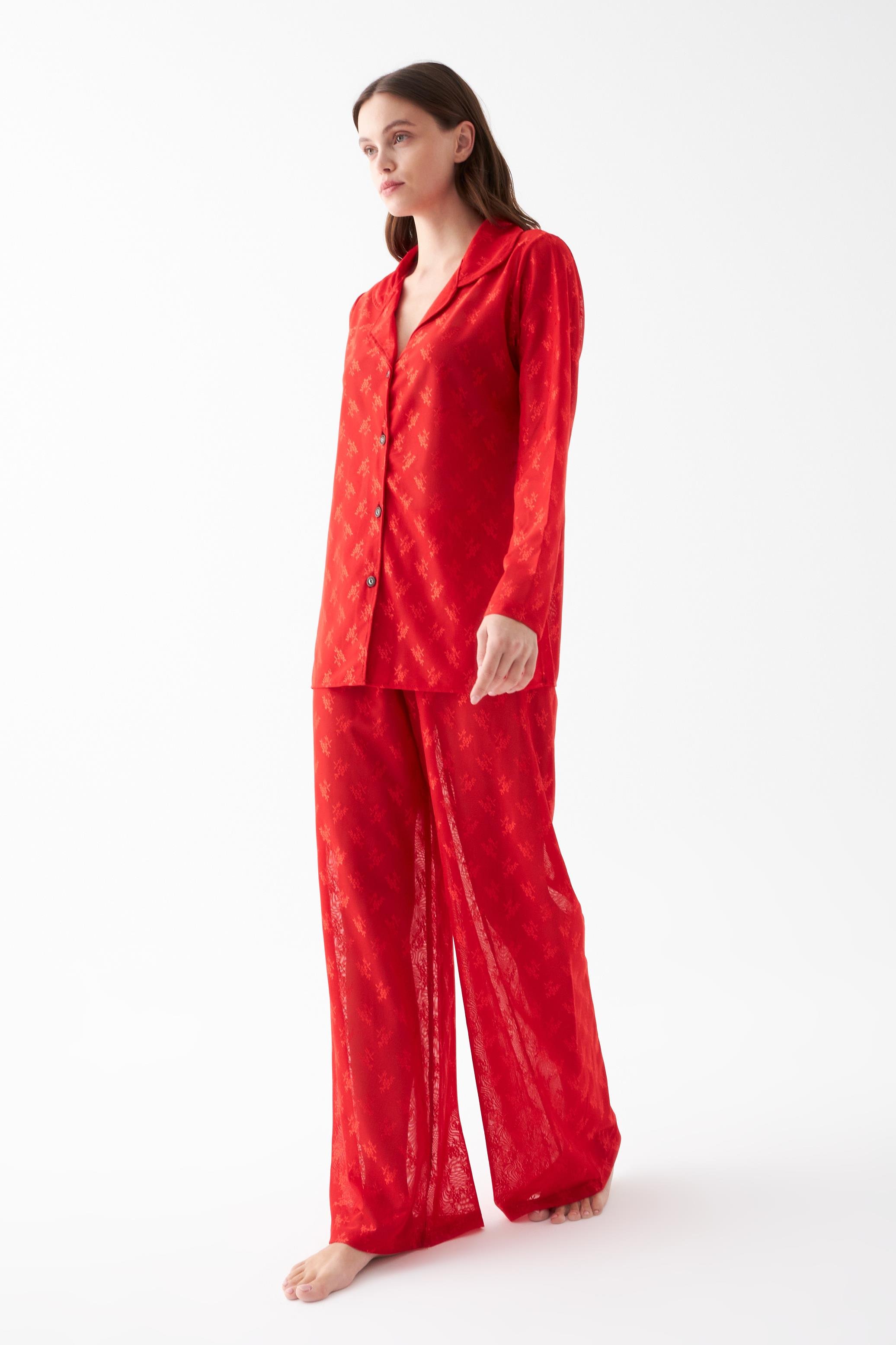 Akbeniz Kadın Kırmızı Şeffaf Jakar Düğmeli Pijama Takımı