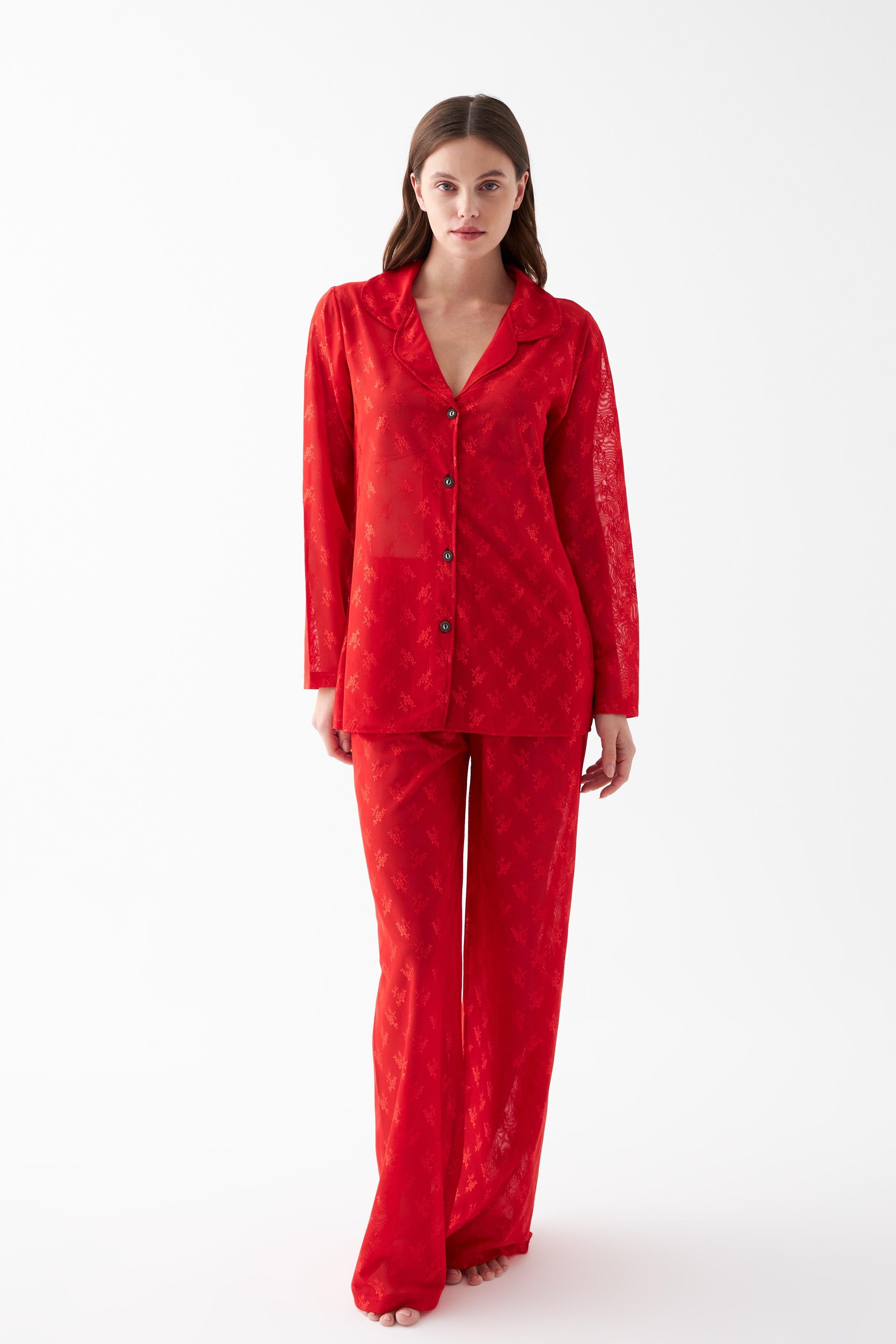 Akbeniz Kadın Kırmızı Şeffaf Jakar Düğmeli Pijama Takımı