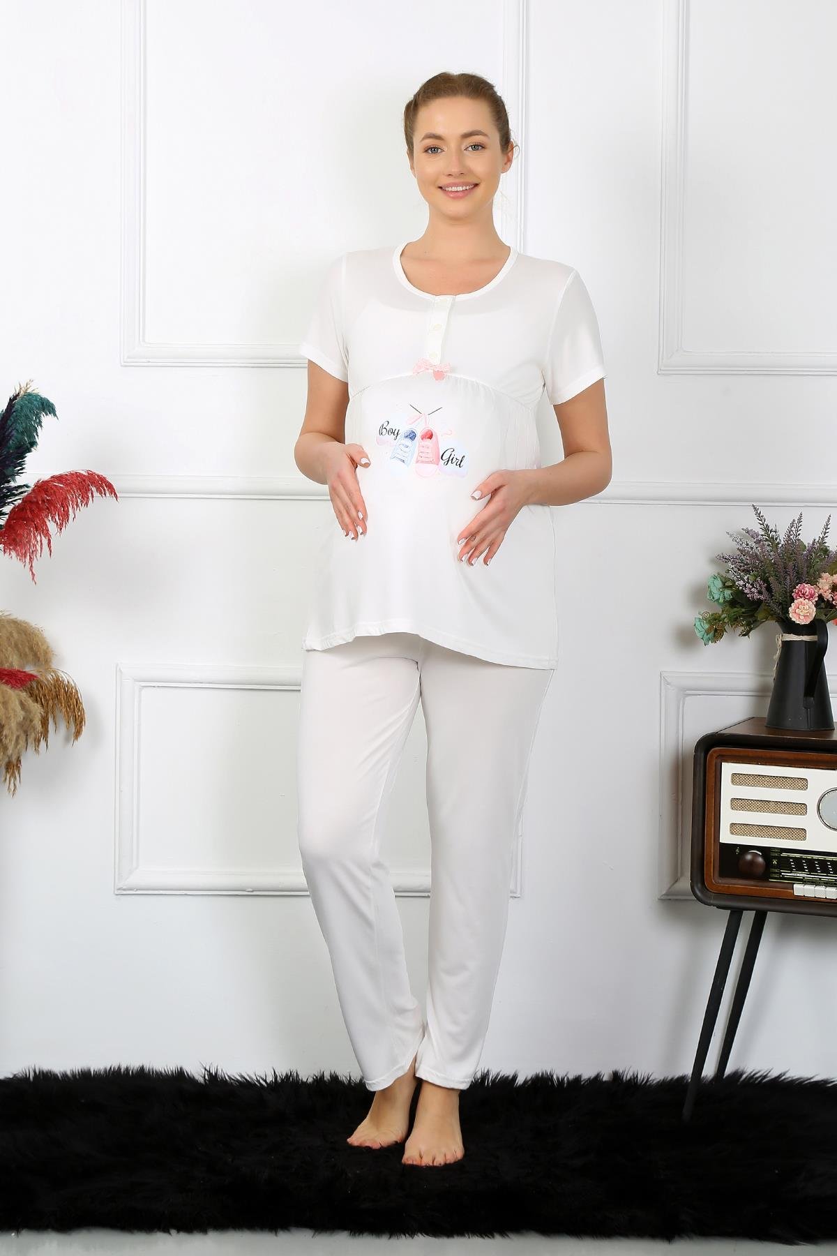 Akbeniz Kadın Kısa Kol Hamile Lohusa Pijama Takımı Ekru 45210