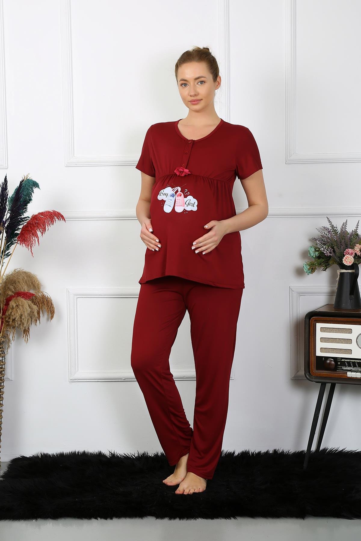 Akbeniz Kadın Kısa Kol Hamile Lohusa Pijama Takımı Bordo 45210