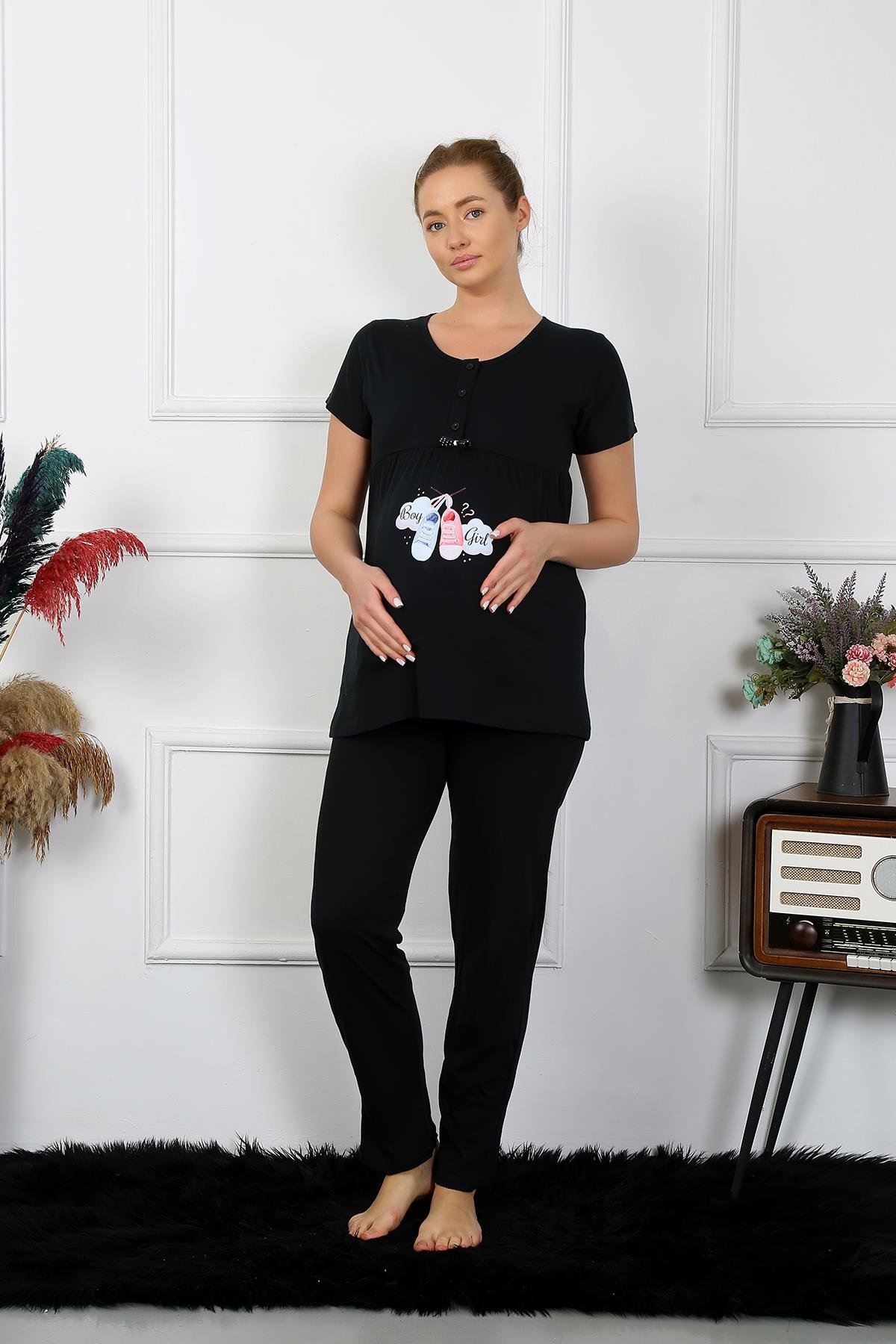 Akbeniz Kadın Kısa Kol Hamile Lohusa Pijama Takımı Siyah 45210