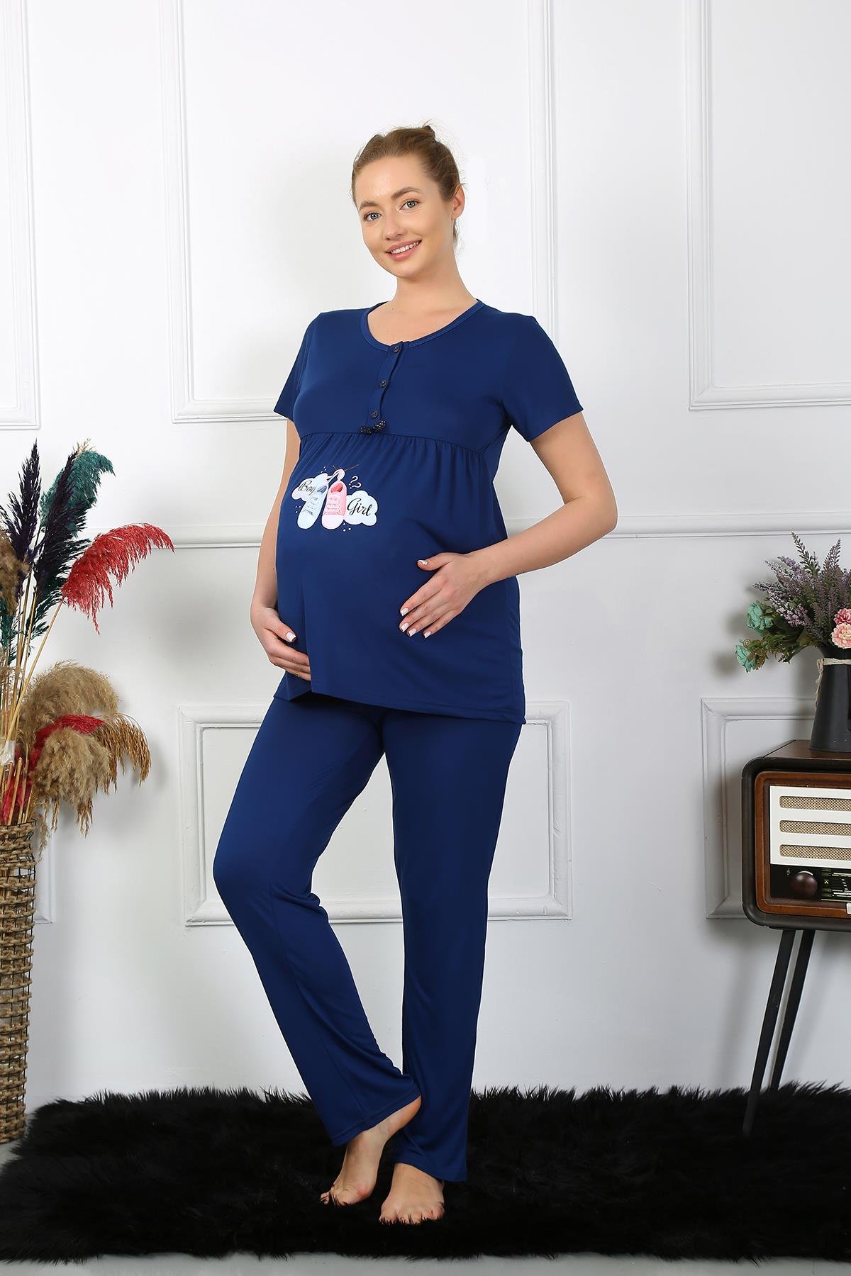 Akbeniz Kadın Kısa Kol Hamile Lohusa Pijama Takımı Lacivert 45210