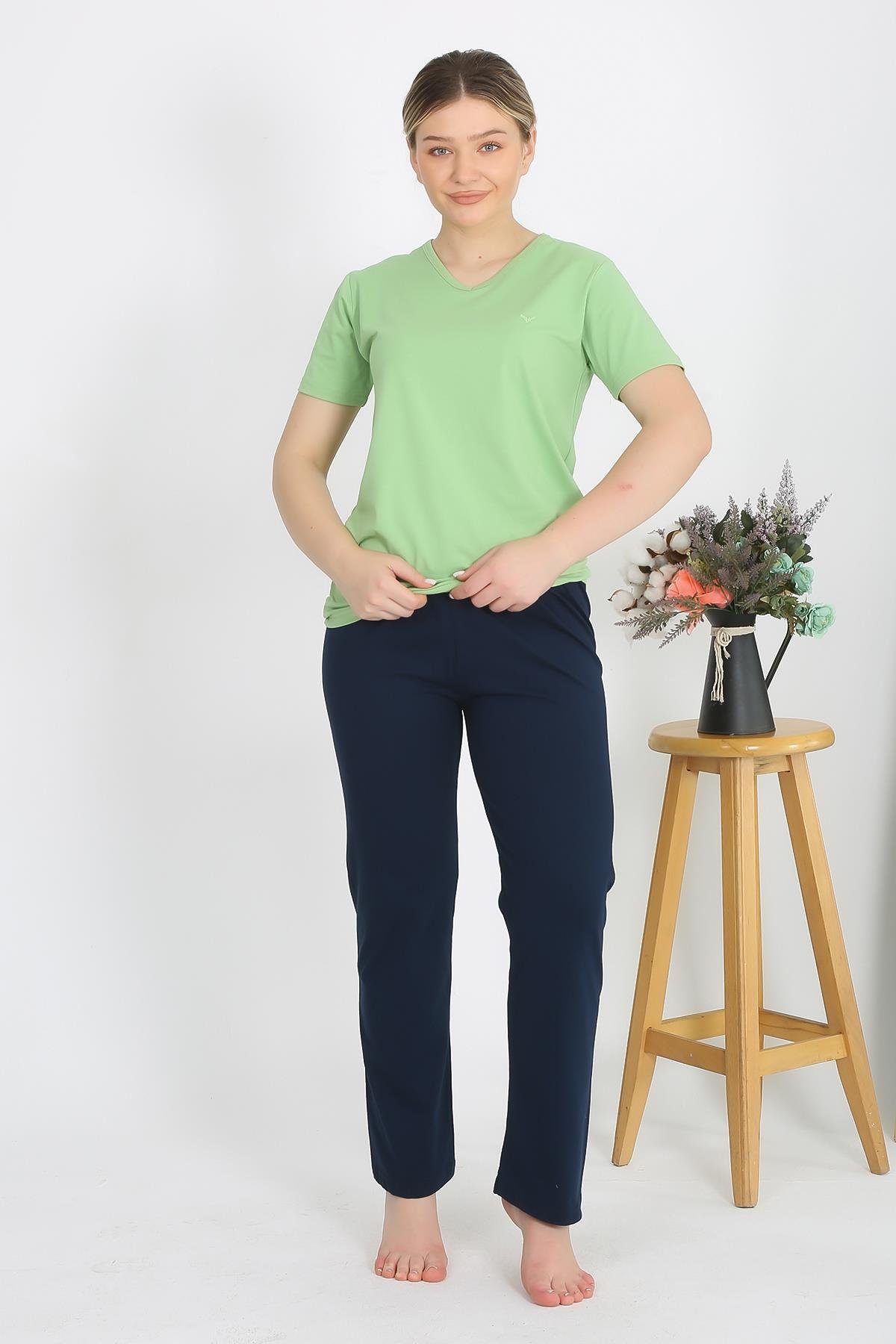 Akbeniz Kadın Kısa Kol Pamuk Penye Pijama Takım Fıstık Yeşili 4215