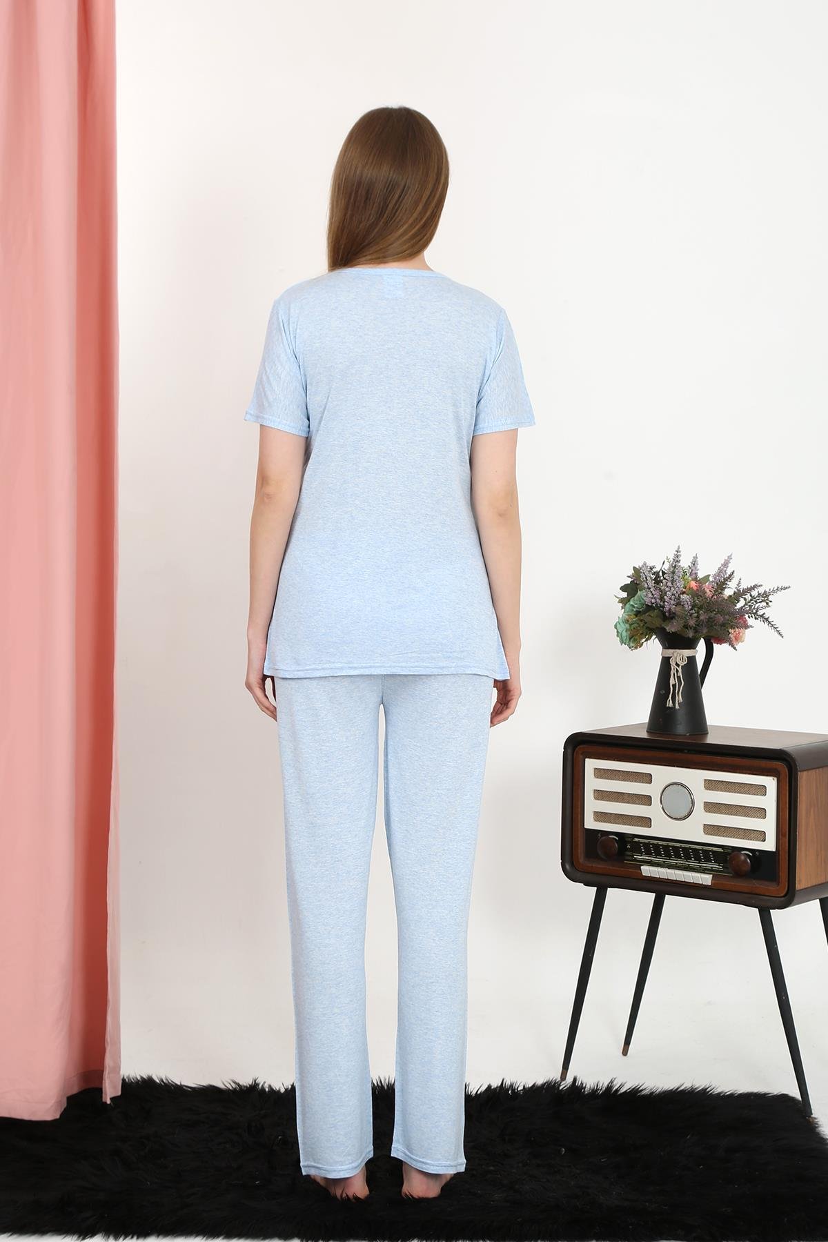 Akbeniz Kadın Kısa Kol Pamuk Penye Pijama Takım Mavi 4213