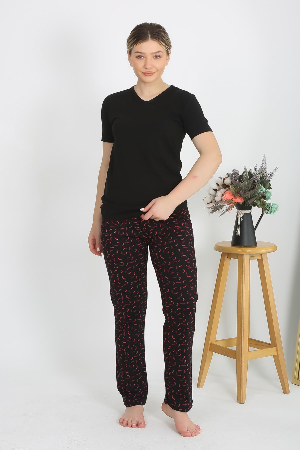 Akbeniz Kadın Kısa Kol Pamuk Penye Pijama Takım Siyah 4214