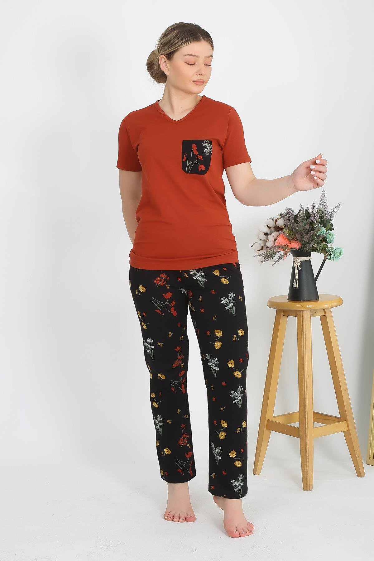 Akbeniz Kadın Kısa Kol Pamuk Penye Pijama Takım Kremit 4214