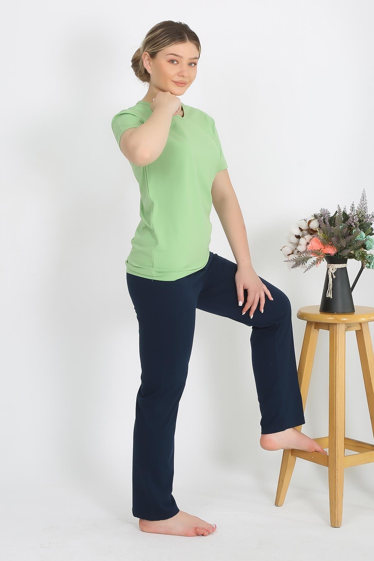 Akbeniz Kadın Kısa Kol Pamuk Penye Pijama Takım Fıstık Yeşili 4215