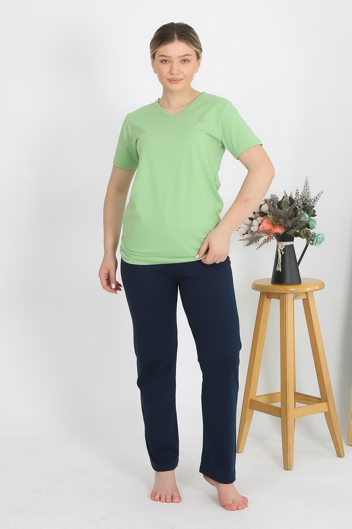 Akbeniz Kadın Kısa Kol Pamuk Penye Pijama Takım Fıstık Yeşili 4215