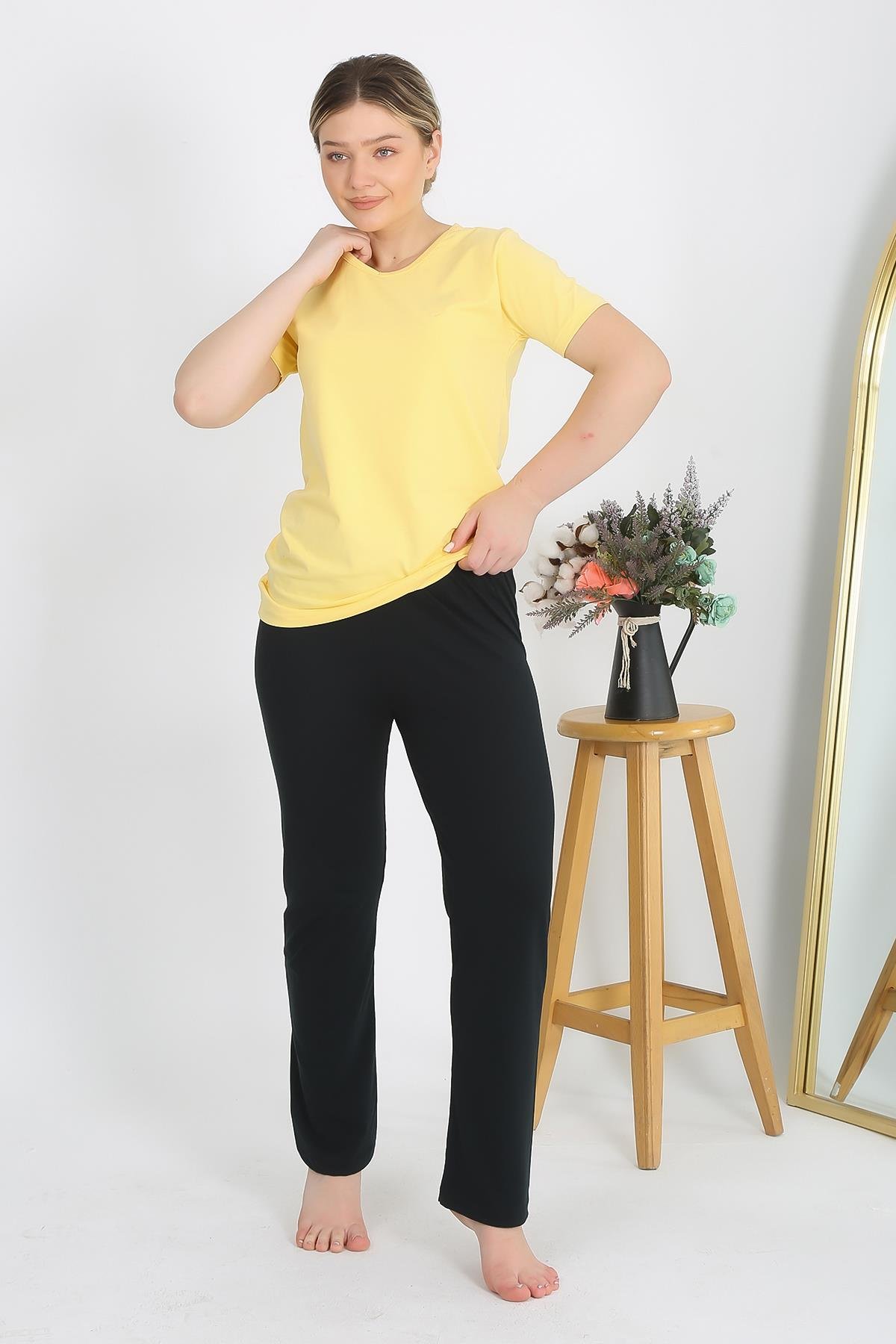 Akbeniz Kadın Kısa Kol Pamuk Penye Pijama Takım Sarı 4215