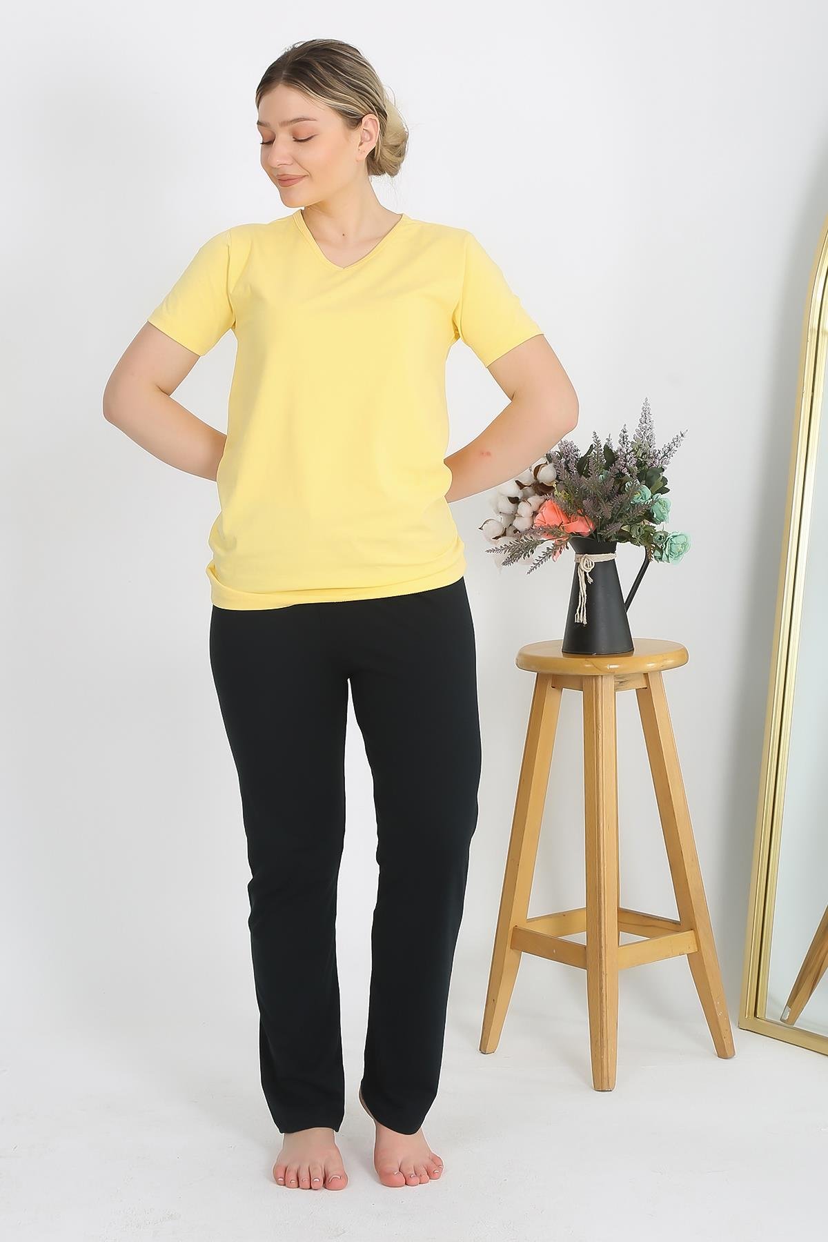 Akbeniz Kadın Kısa Kol Pamuk Penye Pijama Takım Sarı 4215