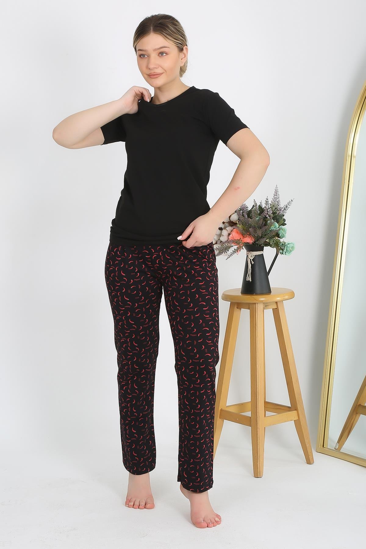 Akbeniz Kadın Kısa Kol Pamuk Penye Pijama Takım Siyah 4214