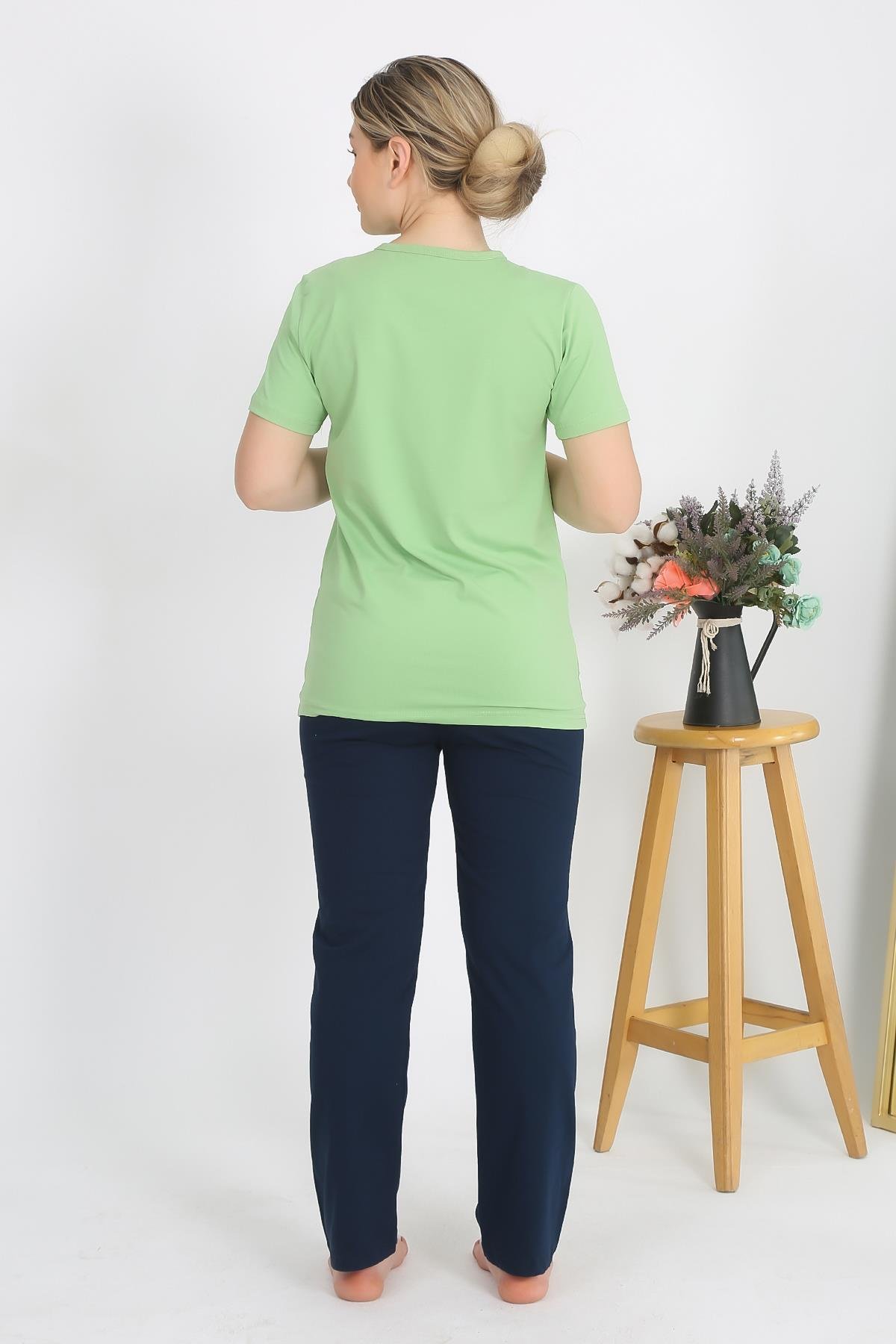 Akbeniz Kadın Kısa Kol Pamuk Penye Pijama Takım Fıstık Yeşili 4215