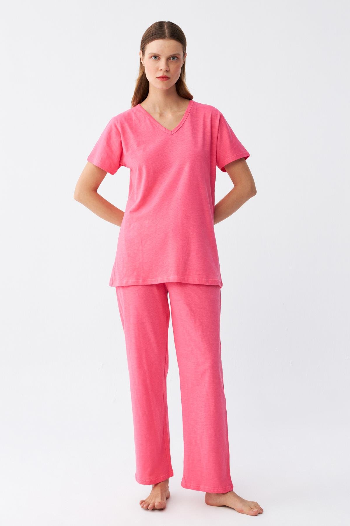 Akbeniz Kadın Kısa Kol Pamuk Penye Pijama Takım Fuşya 4213