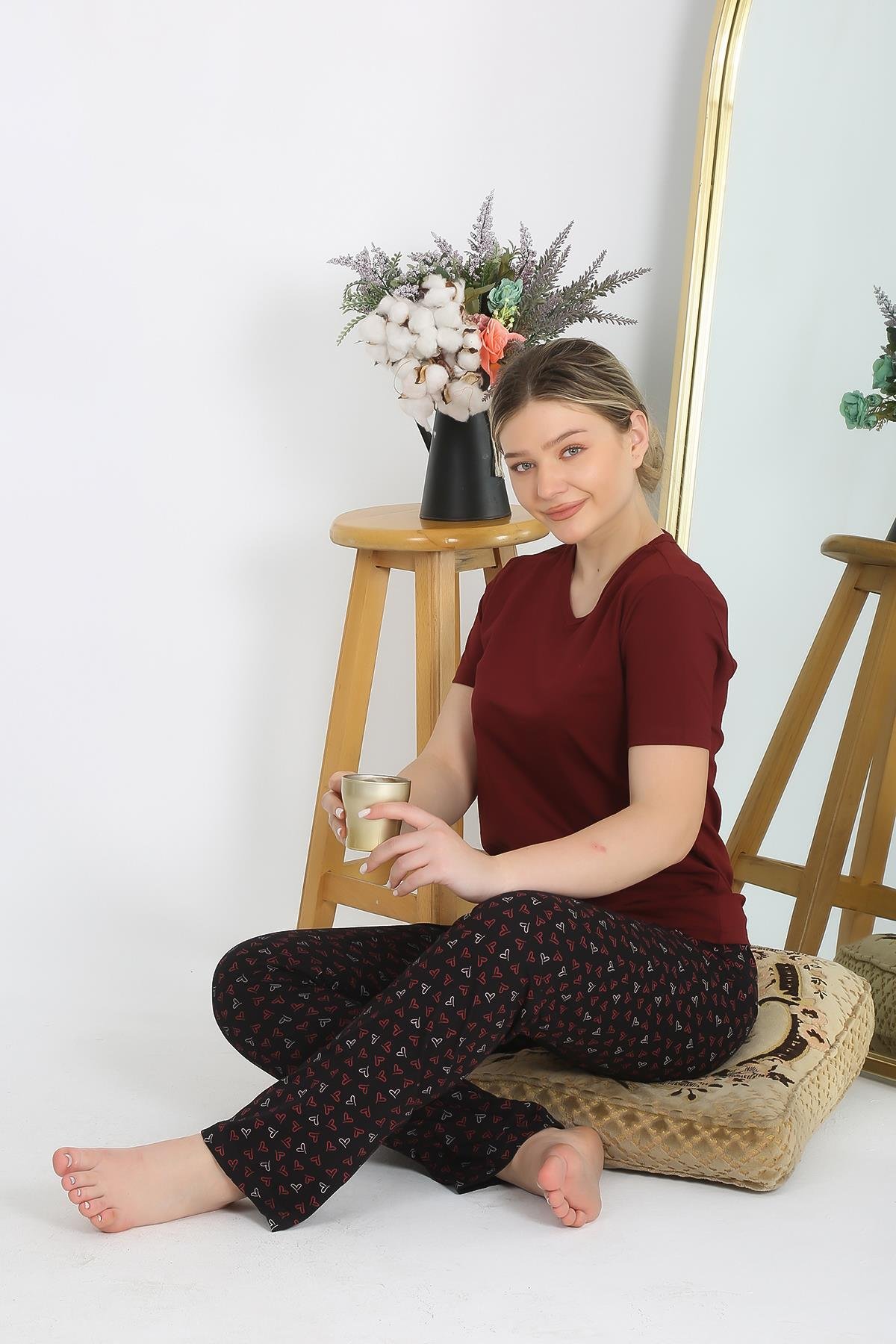 Akbeniz Kadın Kısa Kol Pamuk Penye Pijama Takım Bordo 4214