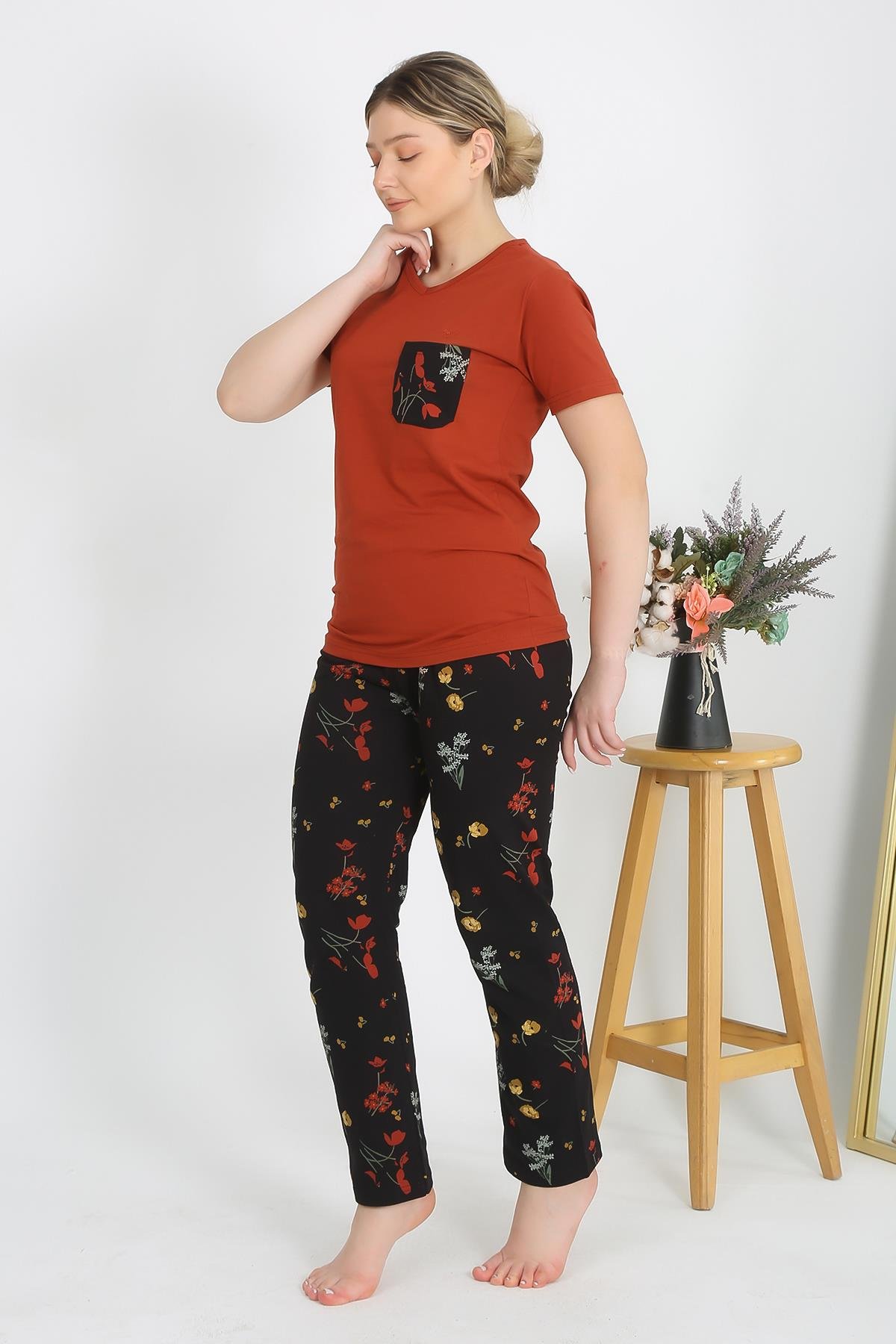 Akbeniz Kadın Kısa Kol Pamuk Penye Pijama Takım Kremit 4214