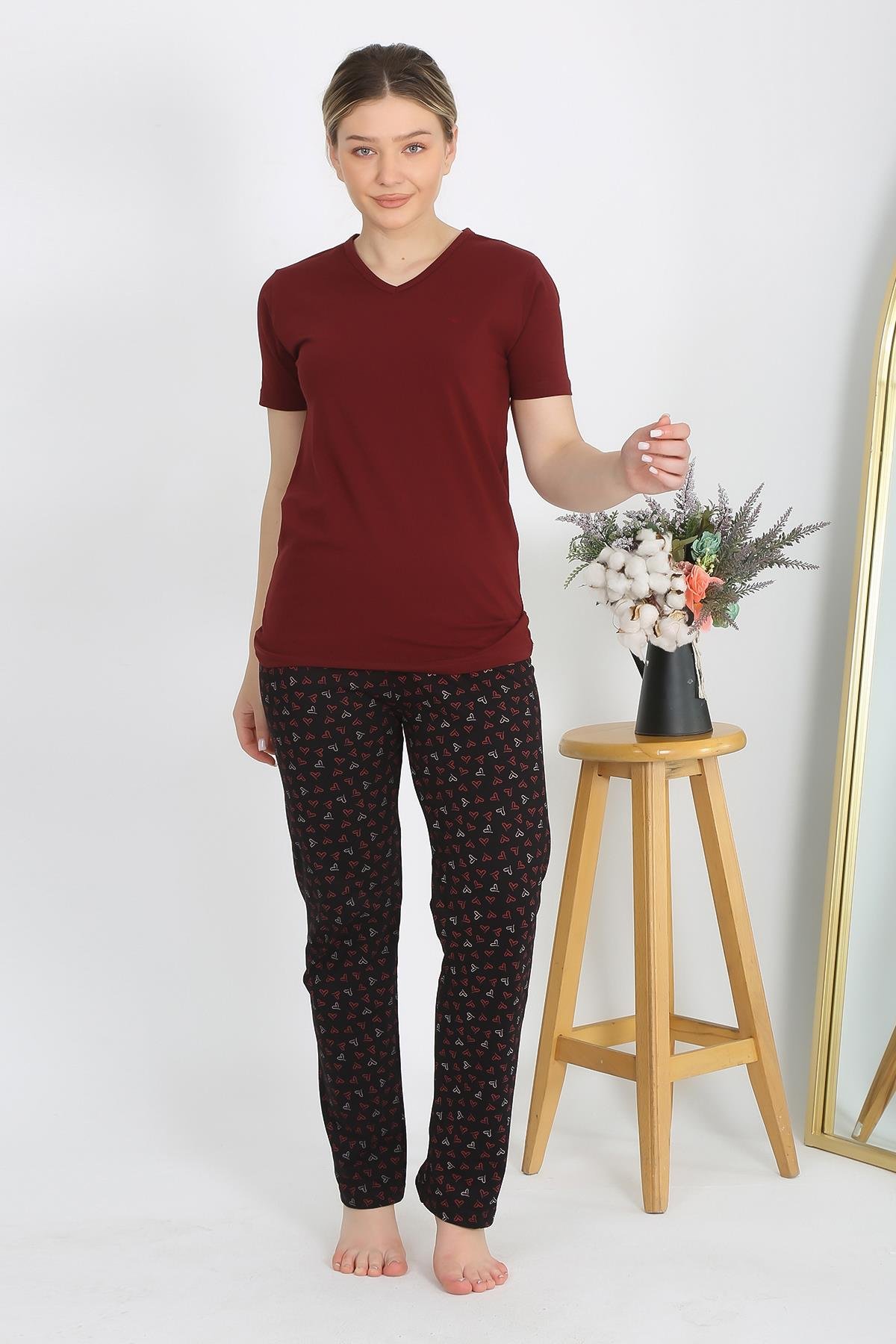 Akbeniz Kadın Kısa Kol Pamuk Penye Pijama Takım Bordo 4214