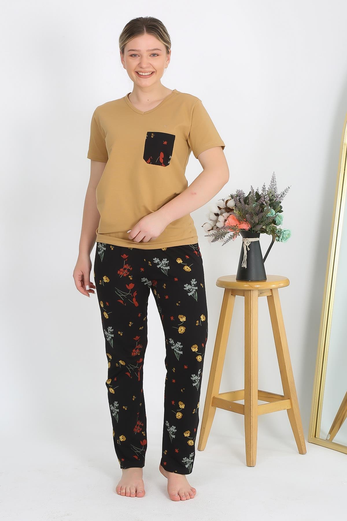 Akbeniz Kadın Kısa Kol Pamuk Penye Pijama Takım Hardal 4214