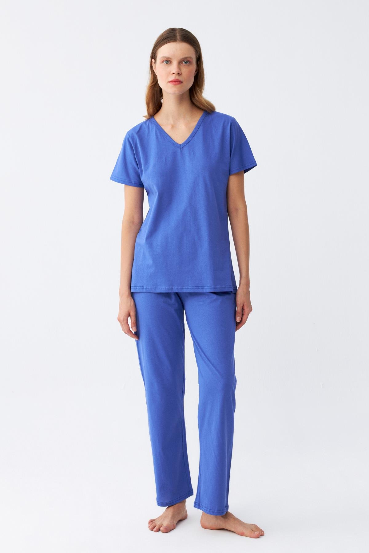 Akbeniz Kadın Kısa Kol Pamuk Penye Pijama Takım Saks 4213