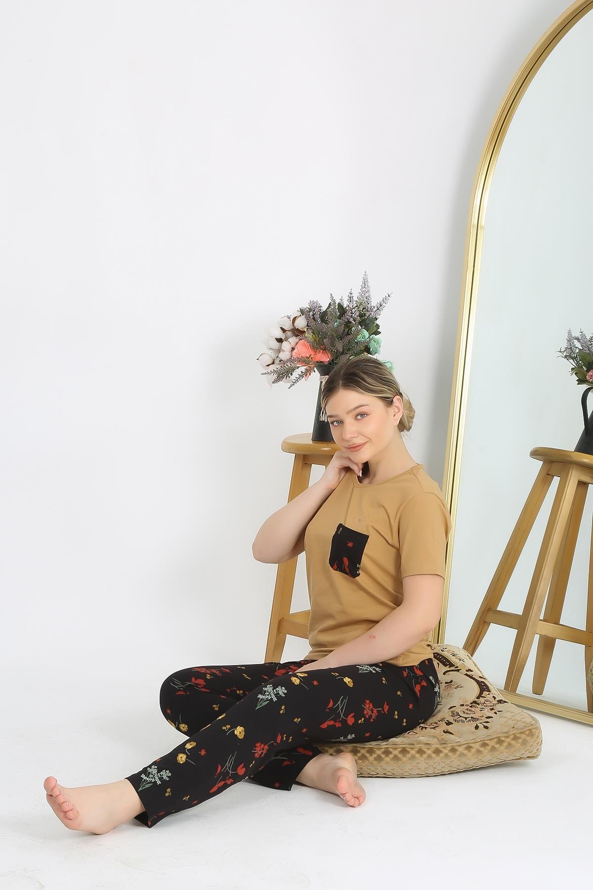 Akbeniz Kadın Kısa Kol Pamuk Penye Pijama Takım Hardal 4214