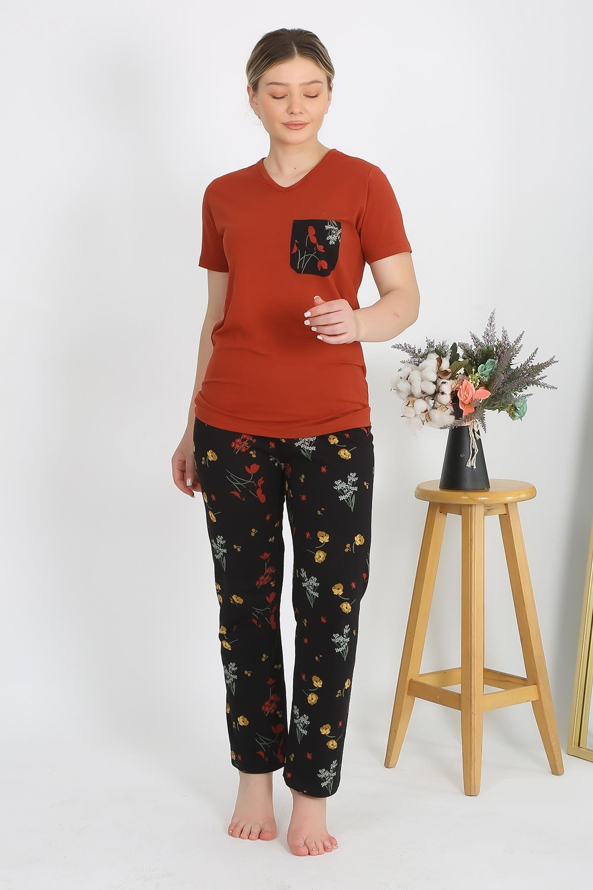 Akbeniz Kadın Kısa Kol Pamuk Penye Pijama Takım Kremit 4214