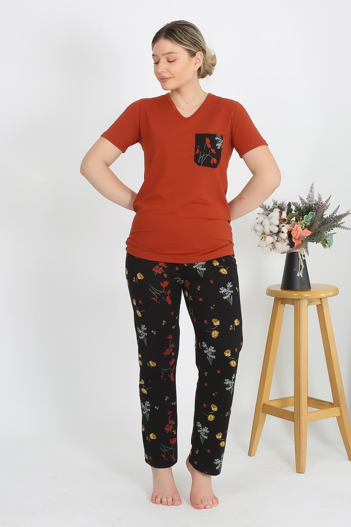 Akbeniz Kadın Kısa Kol Pamuk Penye Pijama Takım Kremit 4214