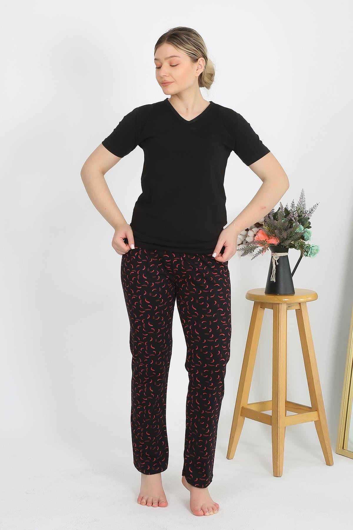 Akbeniz Kadın Kısa Kol Pamuk Penye Pijama Takım Siyah 4214