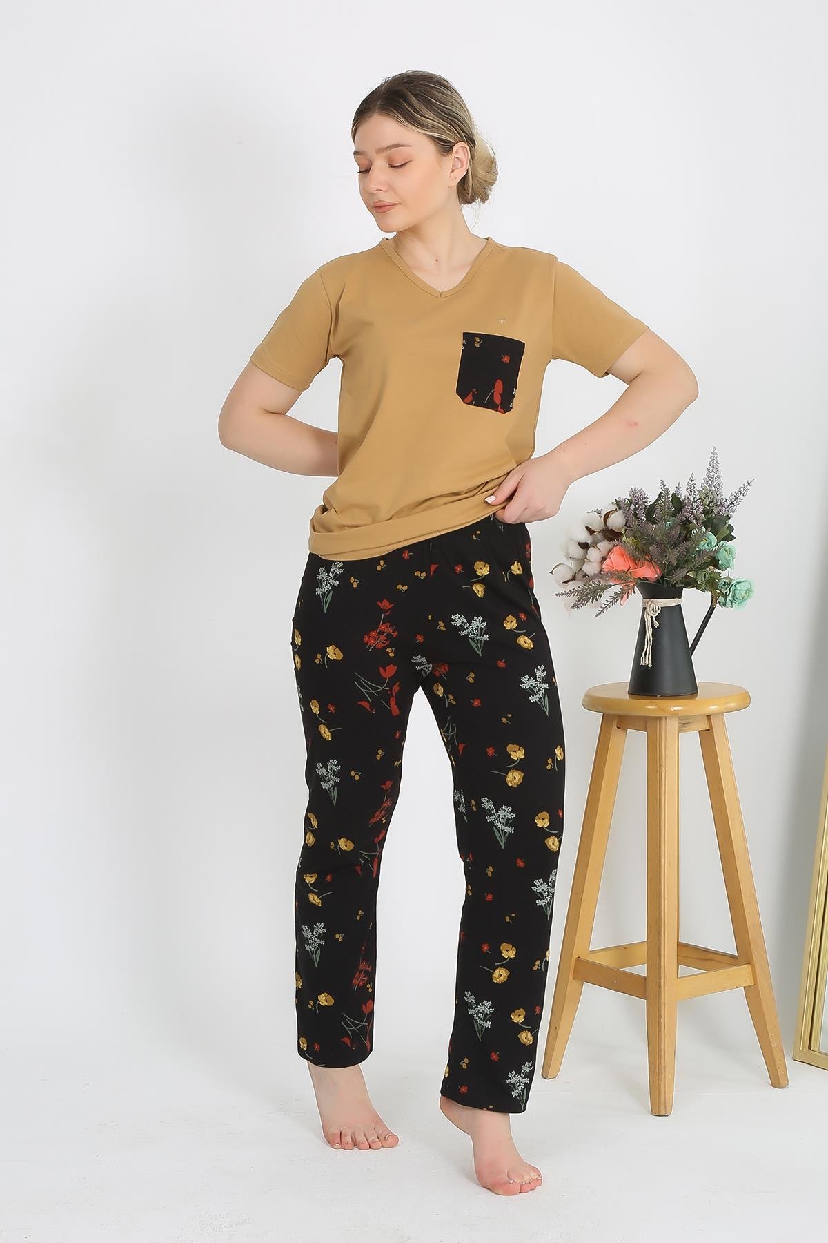 Akbeniz Kadın Kısa Kol Pamuk Penye Pijama Takım Hardal 4214