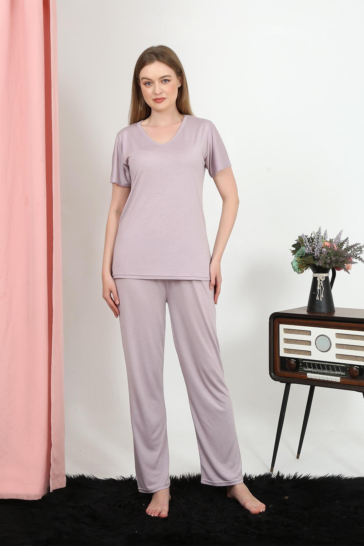 Akbeniz Kadın Kısa Kol Pamuk Penye Pijama Takım Pudra 4213