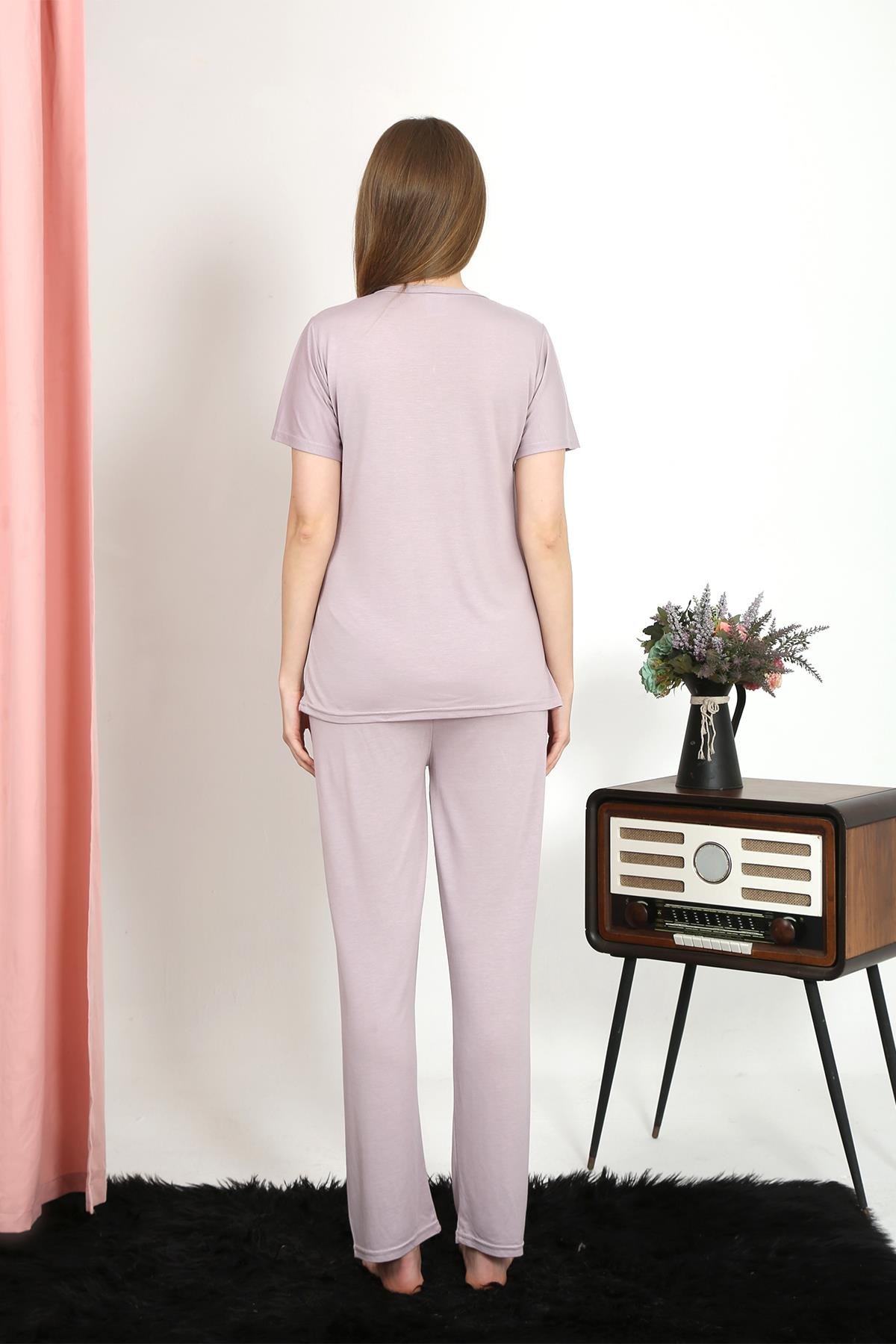 Akbeniz Kadın Kısa Kol Pamuk Penye Pijama Takım Pudra 4213