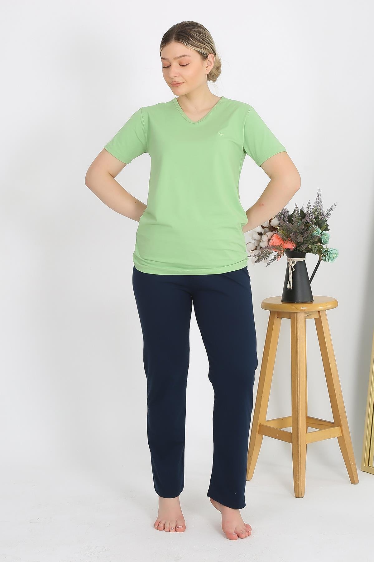 Akbeniz Kadın Kısa Kol Pamuk Penye Pijama Takım Fıstık Yeşili 4215