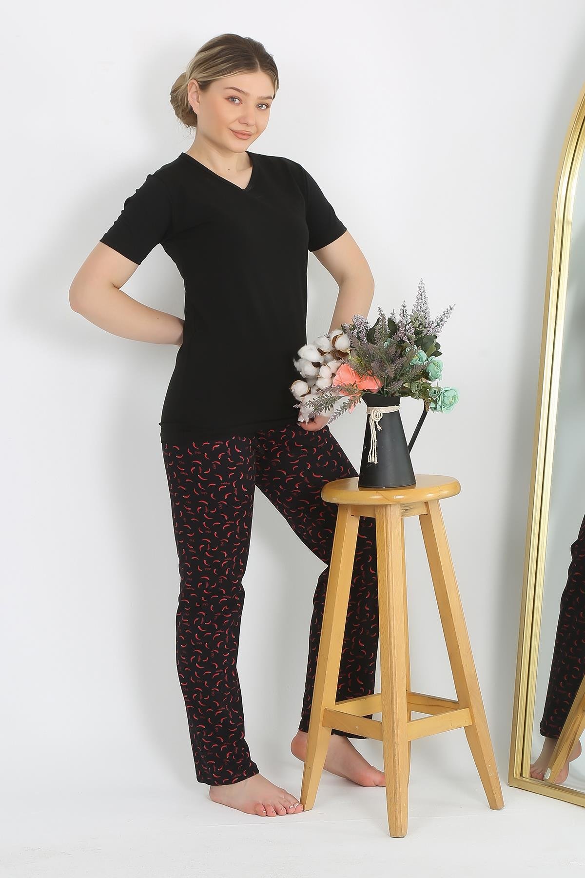 Akbeniz Kadın Kısa Kol Pamuk Penye Pijama Takım Siyah 4214